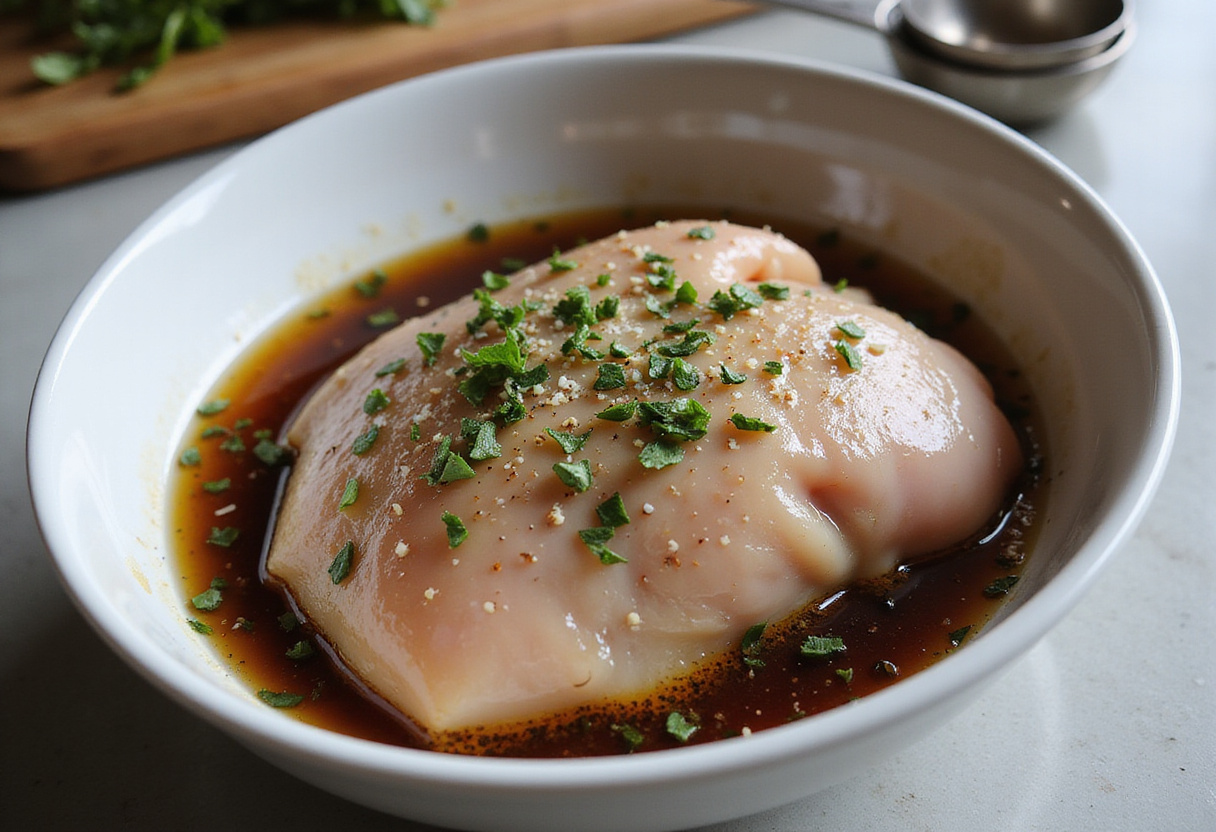 Marinating chicken breast in balsamic vinegar for Balsamic Baked Chicken Breast with Mozzarella Cheese recipe.