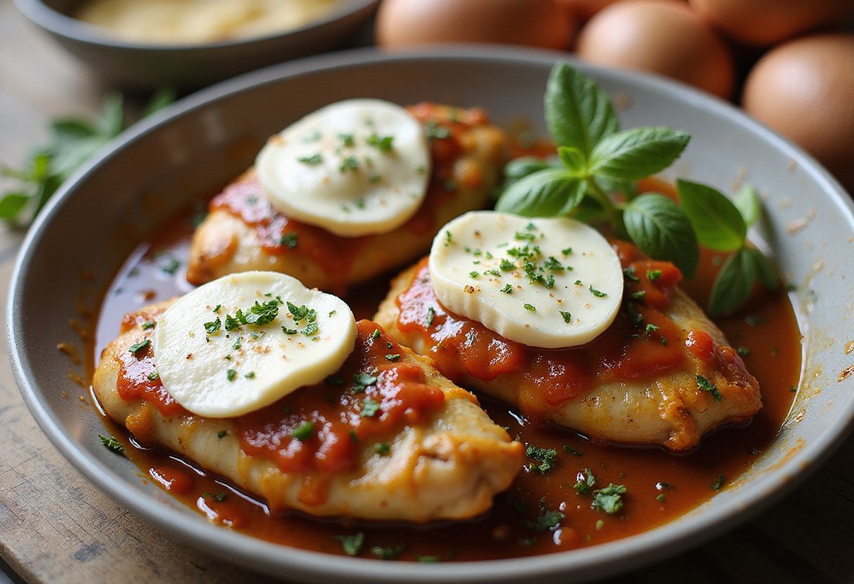 Preparing the baking dish with marinated chicken breast and mozzarella for Balsamic Baked Chicken Breast preparation.
