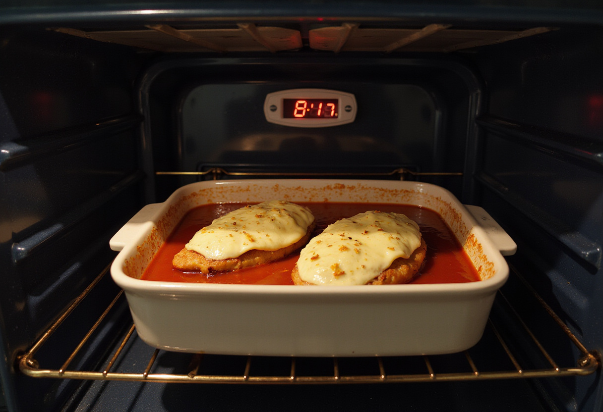 Baking chicken breast with mozzarella cheese in the oven for the Balsamic Baked Chicken Breast dish.