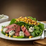 A beautifully presented Balsamic Steak Gorgonzola Salad ready to serve, highlighting the florid greens, grilled corn, and perfectly sliced steak with a soft-focus background.