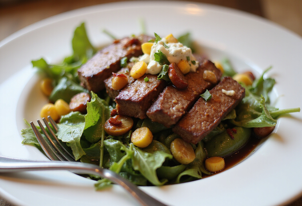 A beautifully presented Balsamic Steak Gorgonzola Salad ready to serve, highlighting the florid greens, grilled corn, and perfectly sliced steak with a soft-focus background.