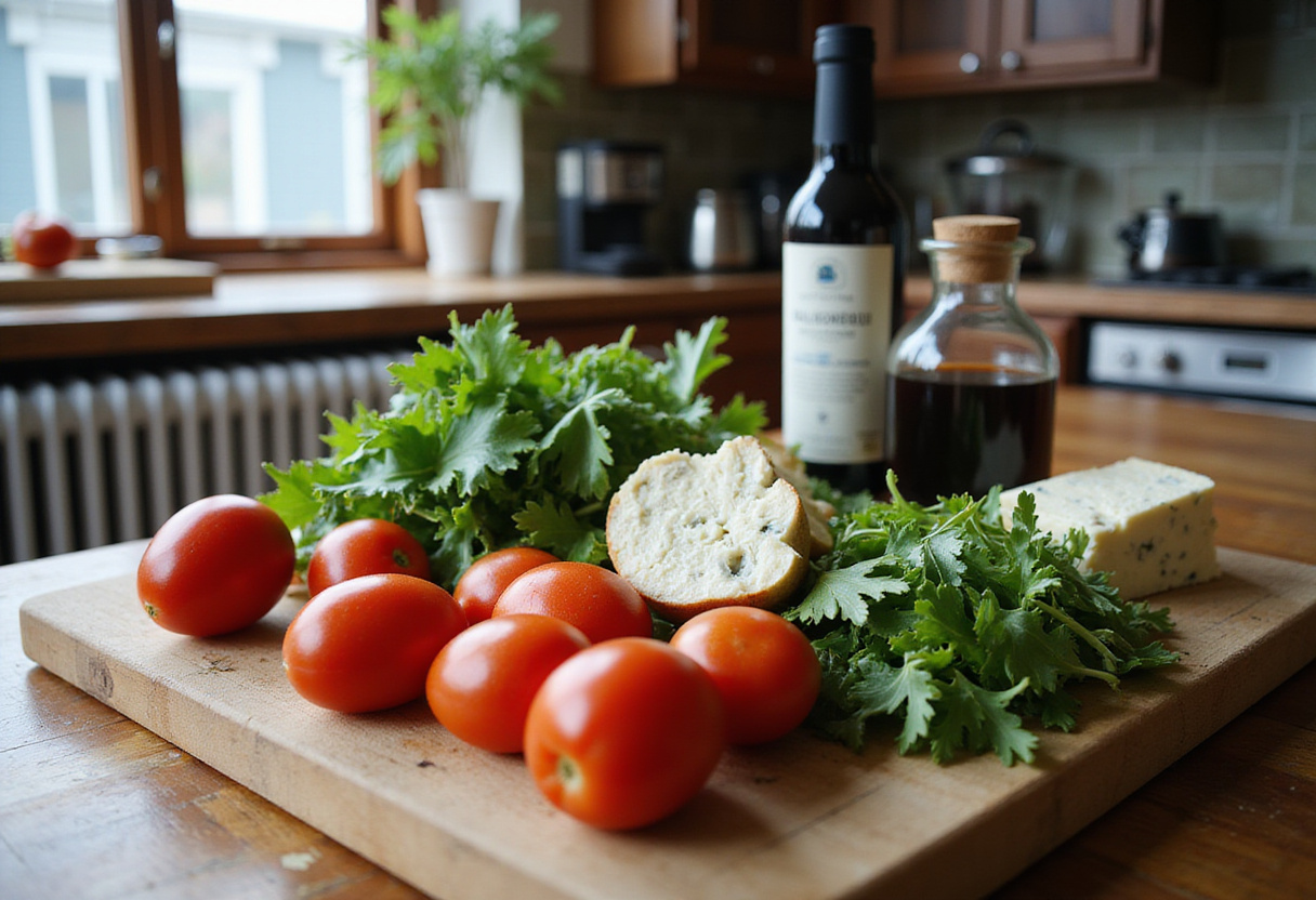 Fresh ingredients for Balsamic Steak Gorgonzola Salad on a wooden cutting board, showing mixed greens, tomatoes, gorgonzola cheese, and balsamic vinaigrette in a rustic kitchen setting.