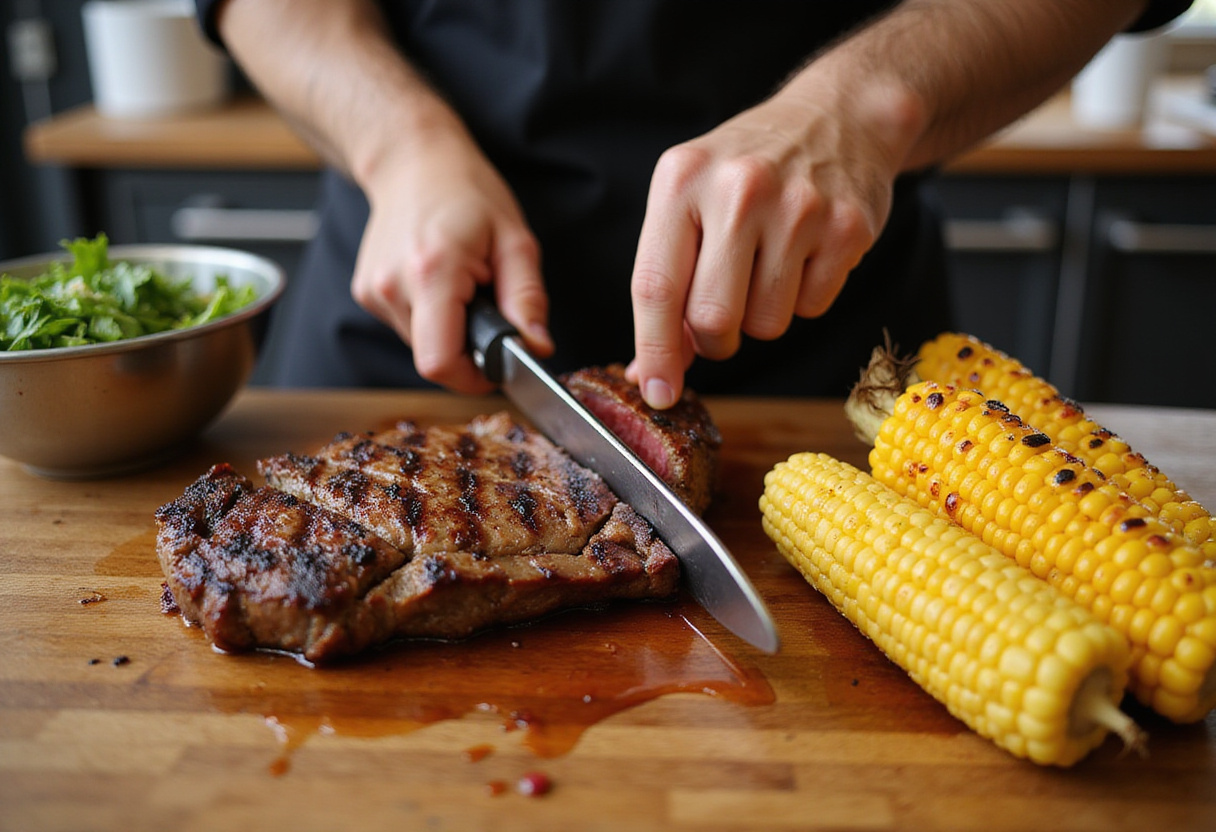 Sliced grilled steak and corn being prepared for Balsamic Steak Gorgonzola Salad, showcasing tasty elements ready for assembly in a bright kitchen.
