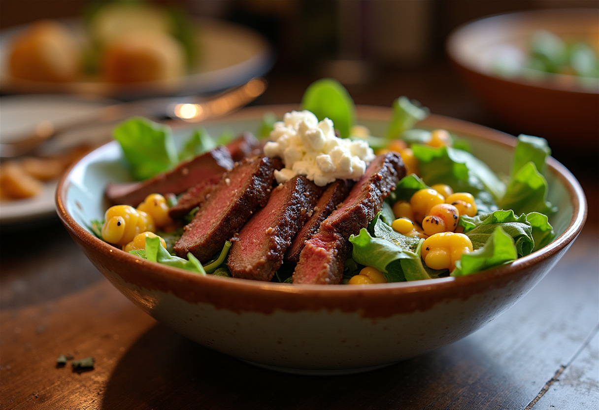 A stunning Balsamic Steak Gorgonzola Salad arranged in a rustic bowl, featuring sliced steak, gorgonzola cheese, grilled corn, and a drizzle of balsamic vinaigrette on a dining table.