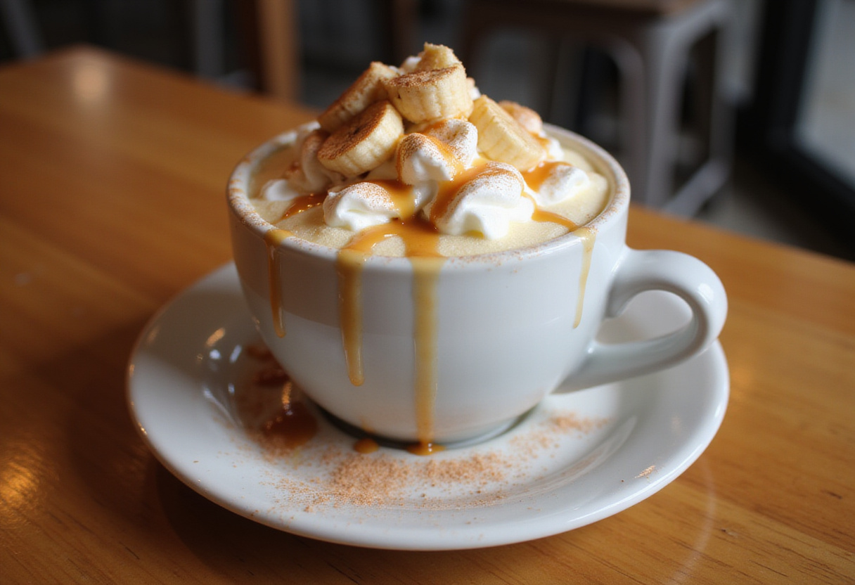 Final presentation of a delicious Banana Bread Latte topped with whipped cream and caramel, perfect for coffee lovers seeking a unique flavor experience.
