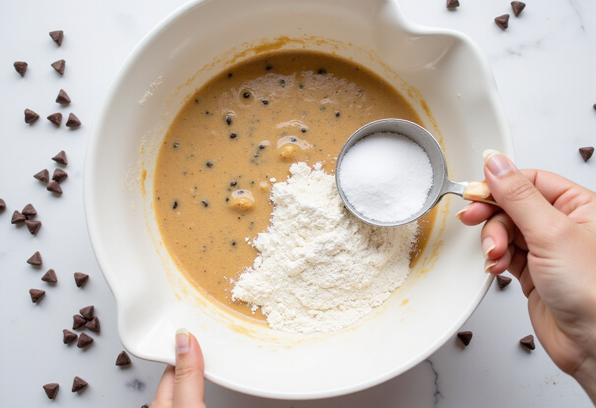 Sifting dry ingredients for Banana Bread Latte, enhancing the blend with flour and baking soda for a moist and flavorful drink.