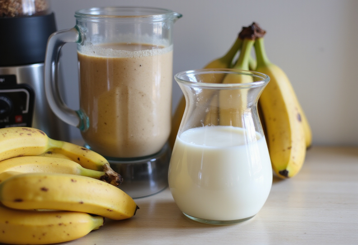 Blending the Banana Bread Latte mixture to achieve a creamy and rich texture, showcasing milk and fresh bananas around for garnish.