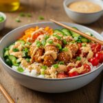 A stunning Bang Bang Chicken Bowl ready to be enjoyed, showcasing colorful layers of ingredients and creamy sauce.
