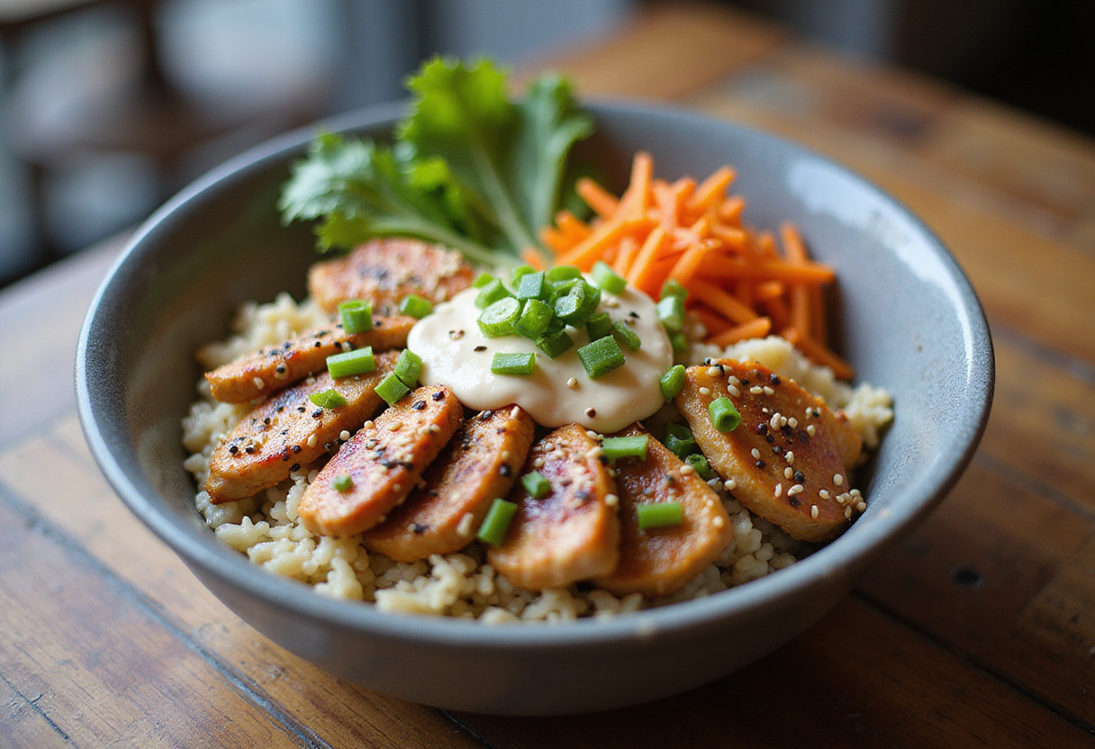 A stunning Bang Bang Chicken Bowl ready to be enjoyed, showcasing colorful layers of ingredients and creamy sauce.