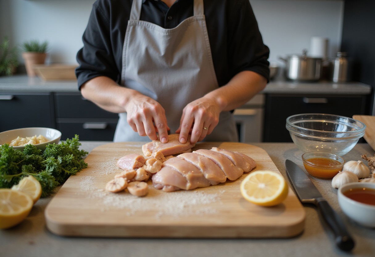 Preparation of Bang Bang Chicken Bowl with freshly cut chicken and aromatic ingredients for marinating.