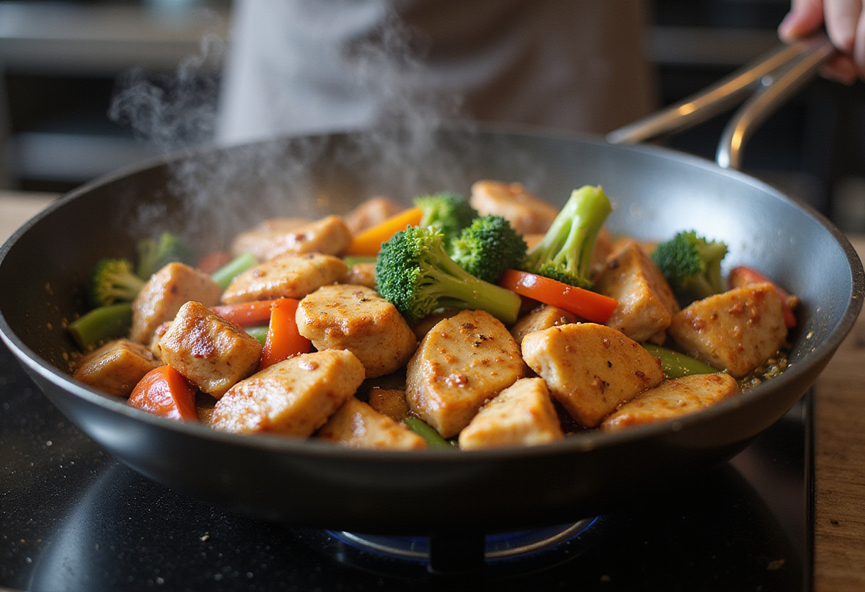 Cooking the chicken for a delicious Bang Bang Chicken Bowl, featuring sautéed chicken pieces and fresh vegetables.