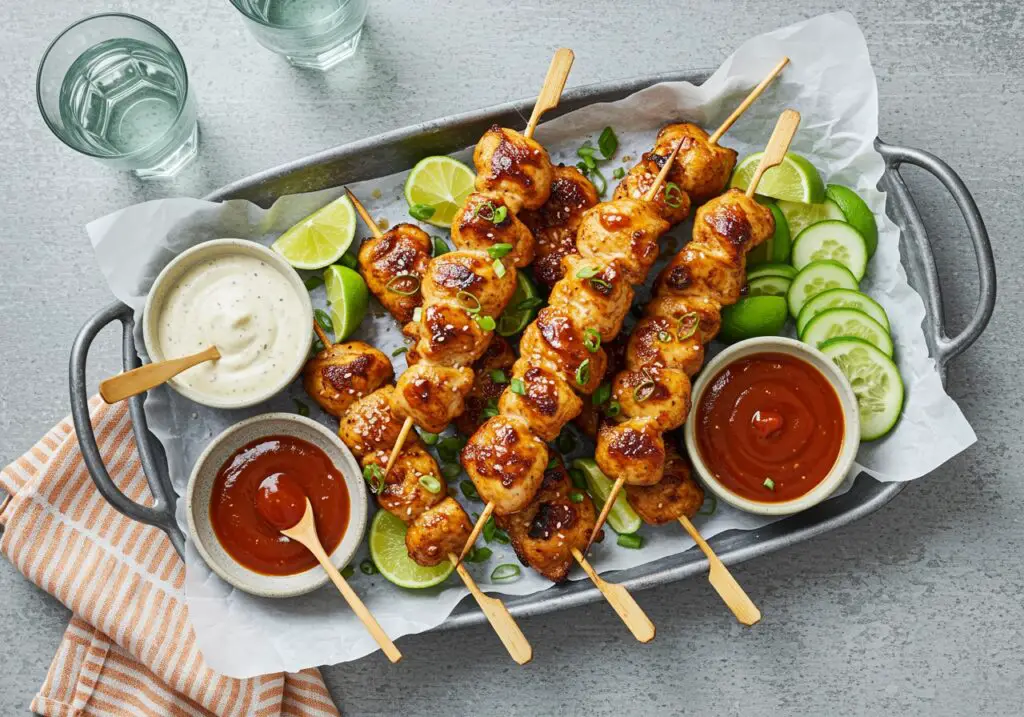 A stunning display of completed Bang Bang Chicken Skewers on a platter, perfect for summer gatherings with vibrant colors and flavors.