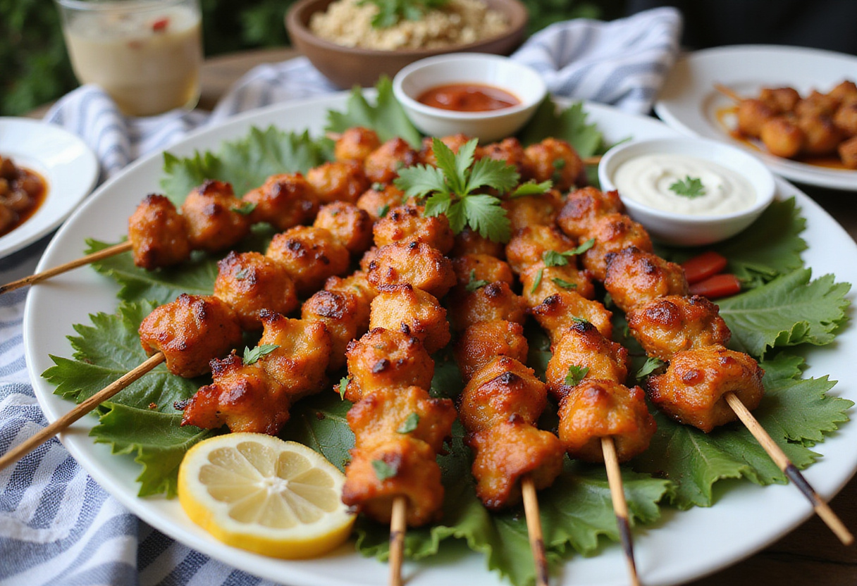 A stunning display of completed Bang Bang Chicken Skewers on a platter, perfect for summer gatherings with vibrant colors and flavors.