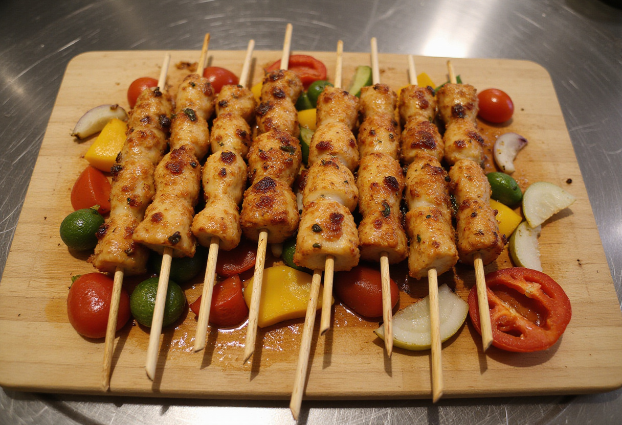 Preparing colorful Bang Bang Chicken Skewers with marinated chicken and vegetables on wooden sticks, perfect for grilling.