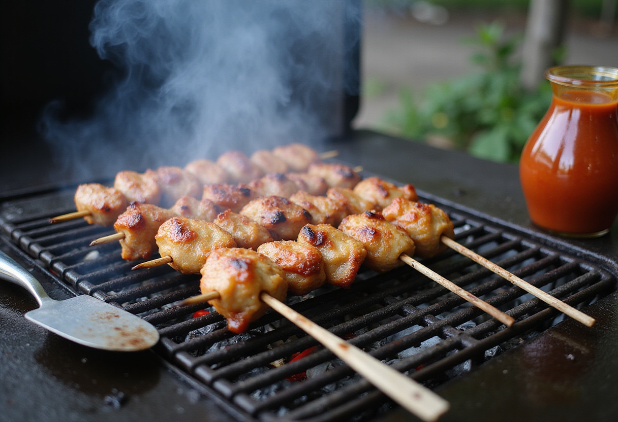 Grilling delicious Bang Bang Chicken Skewers on a barbecue, highlighting the sizzling sound and rich flavors being developed.