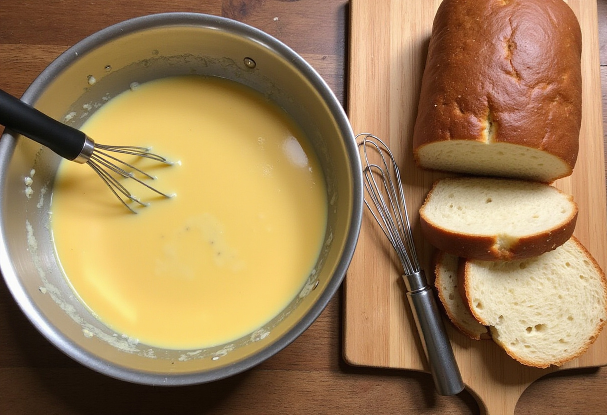Best Crème Brûlée French Toast recipe preparation with creamy custard and bread slices ready to soak.