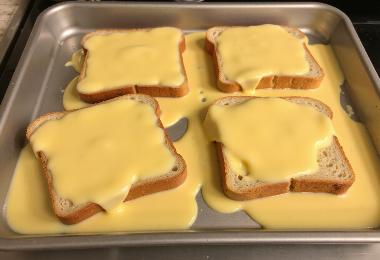 Soggy bread slices in rich custard for delicious French toast, perfect for the Best Crème Brûlée French Toast recipe.