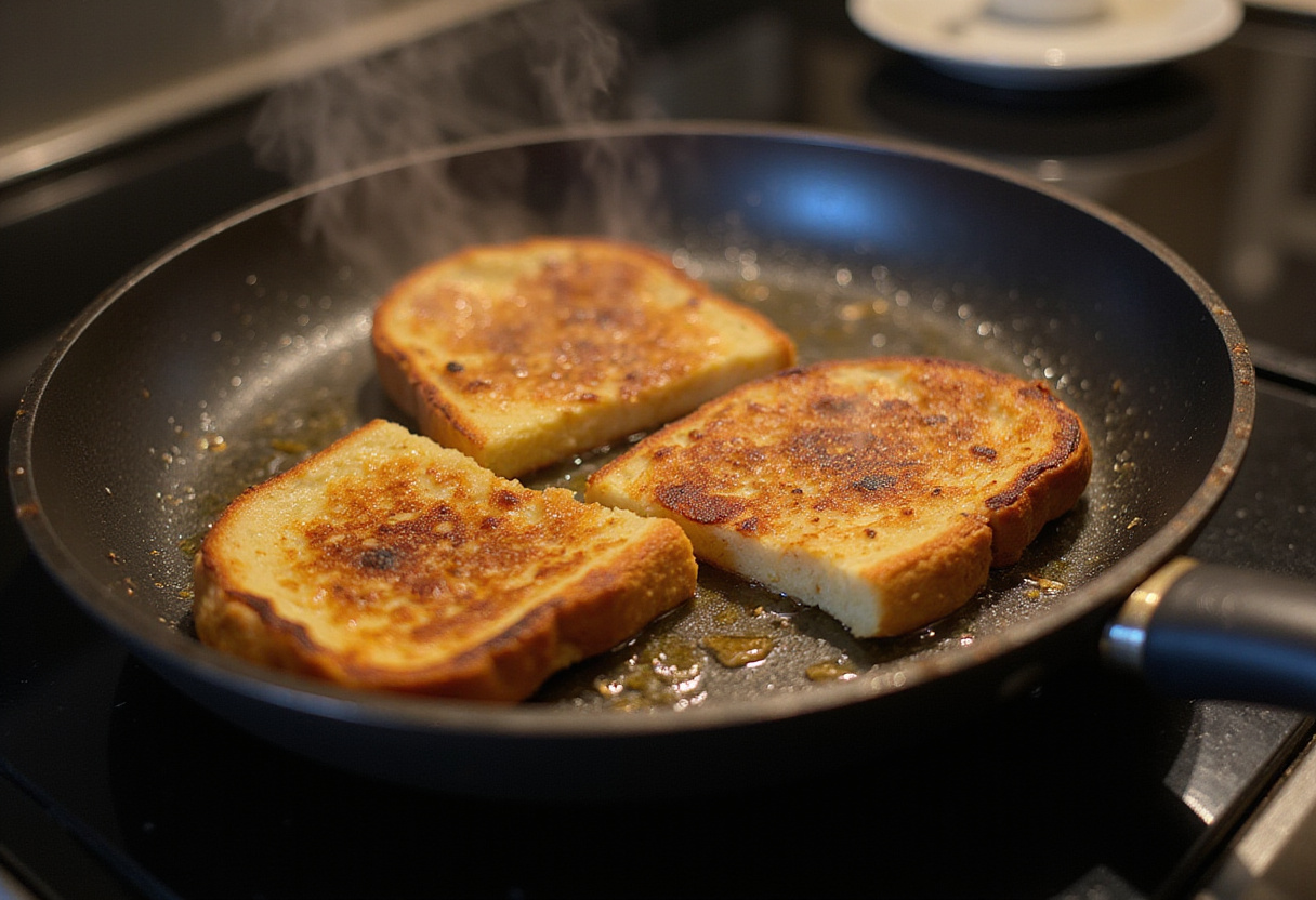 Cooking French toast slices to golden perfection, an essential step in preparing the Best Crème Brûlée French Toast.