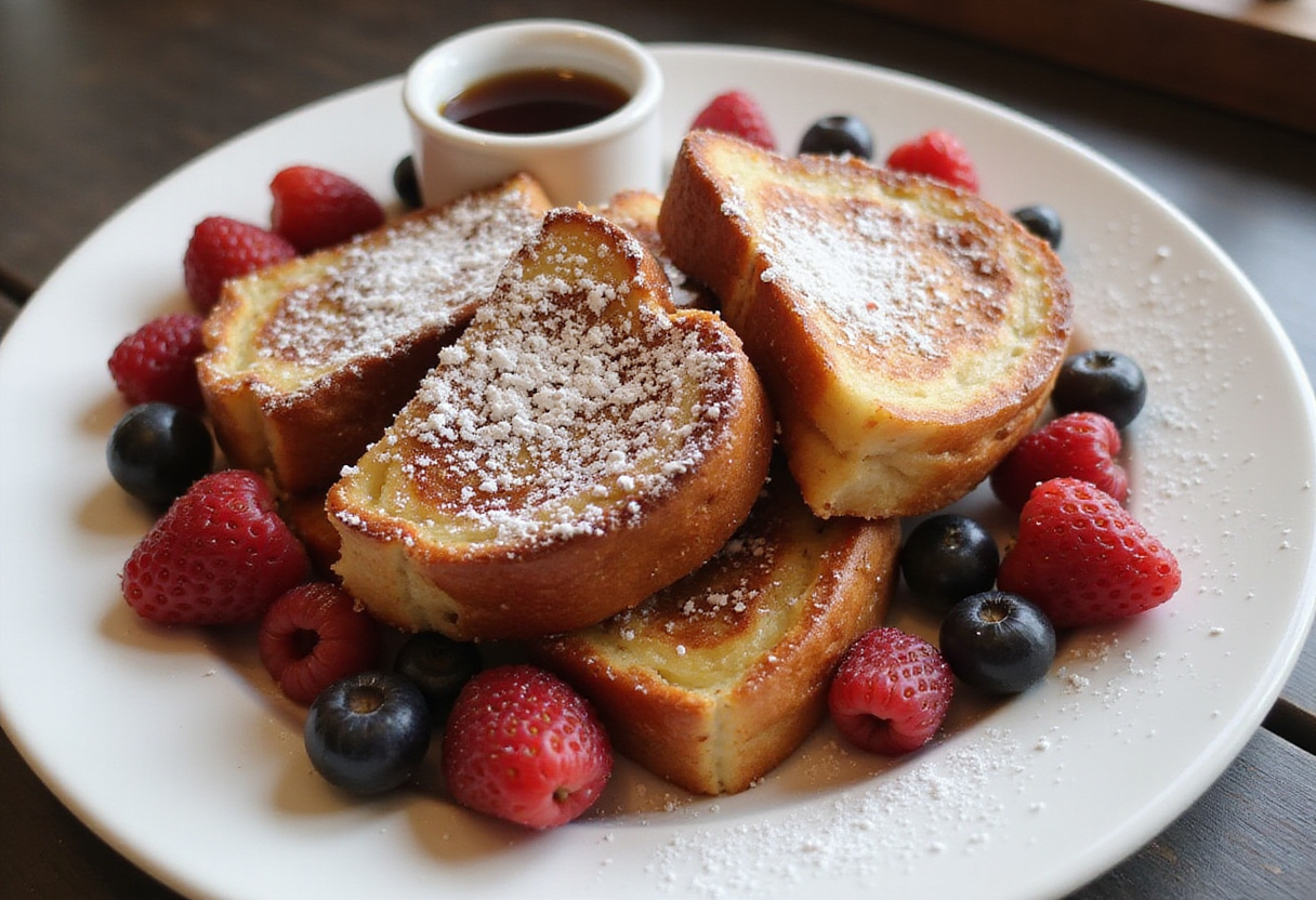 Elegant presentation of Best Crème Brûlée French Toast, showcasing the delicious slices with syrup and berries.