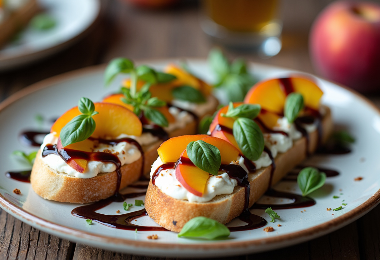 Gourmet peach bruschetta with whipped ricotta, a perfect appetizer showcasing fresh fruit and vibrant flavors.