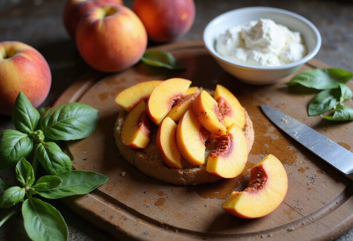 Fresh peach preparation for the best peach bruschetta, showcasing ripe peaches and herbs for a flavorful topping.