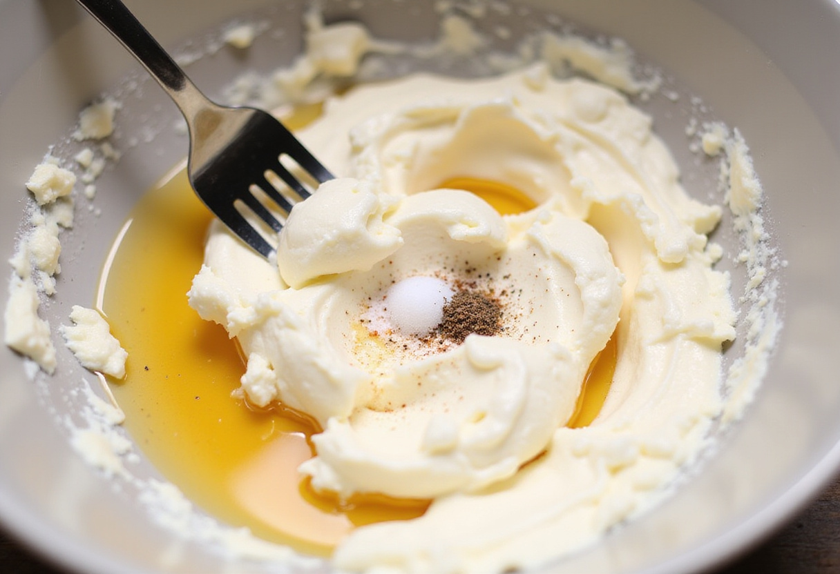 Whipped ricotta cheese preparation for peach bruschetta, combining honey and seasoning for a creamy topping.