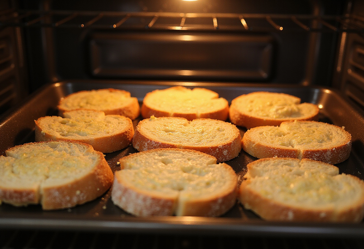 Golden toasted baguette slices ready for the best peach bruschetta, showcasing the perfect crispy base for delicious toppings.