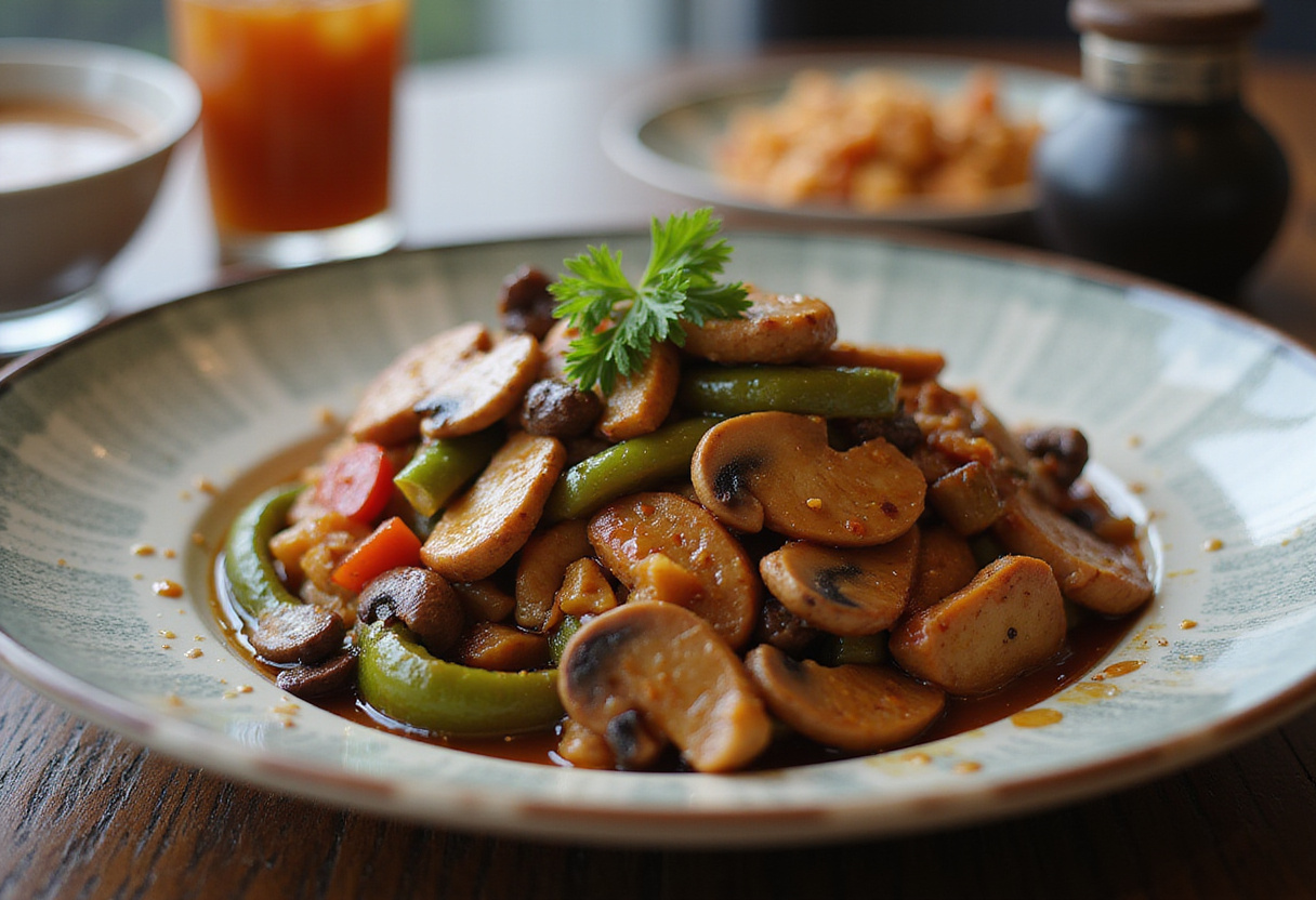 Deliciously plated Black Pepper Chicken with Mushrooms, highlighting succulent chicken, savory mushrooms, and vibrant vegetables in a beautifully presented dish.