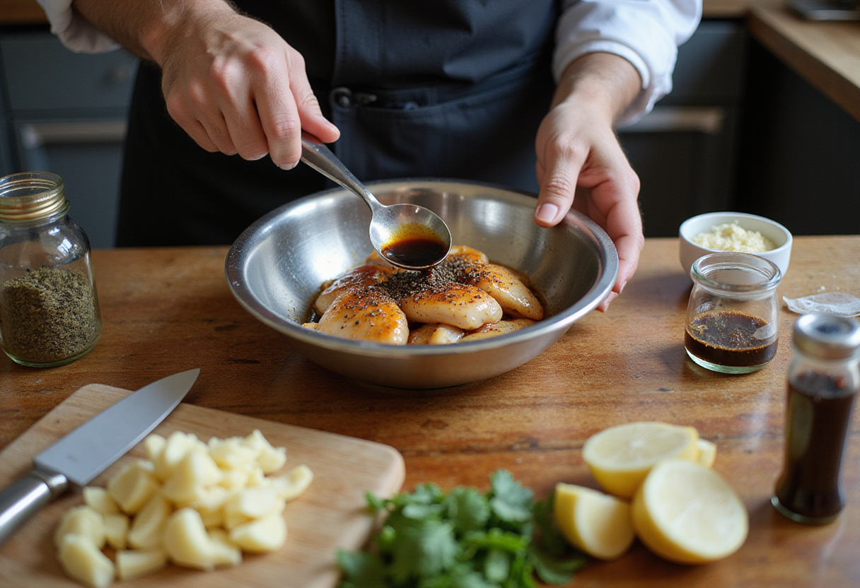 Marinating chicken for Black Pepper Chicken with Mushrooms using black pepper, soy sauce, and garlic in a bustling kitchen.