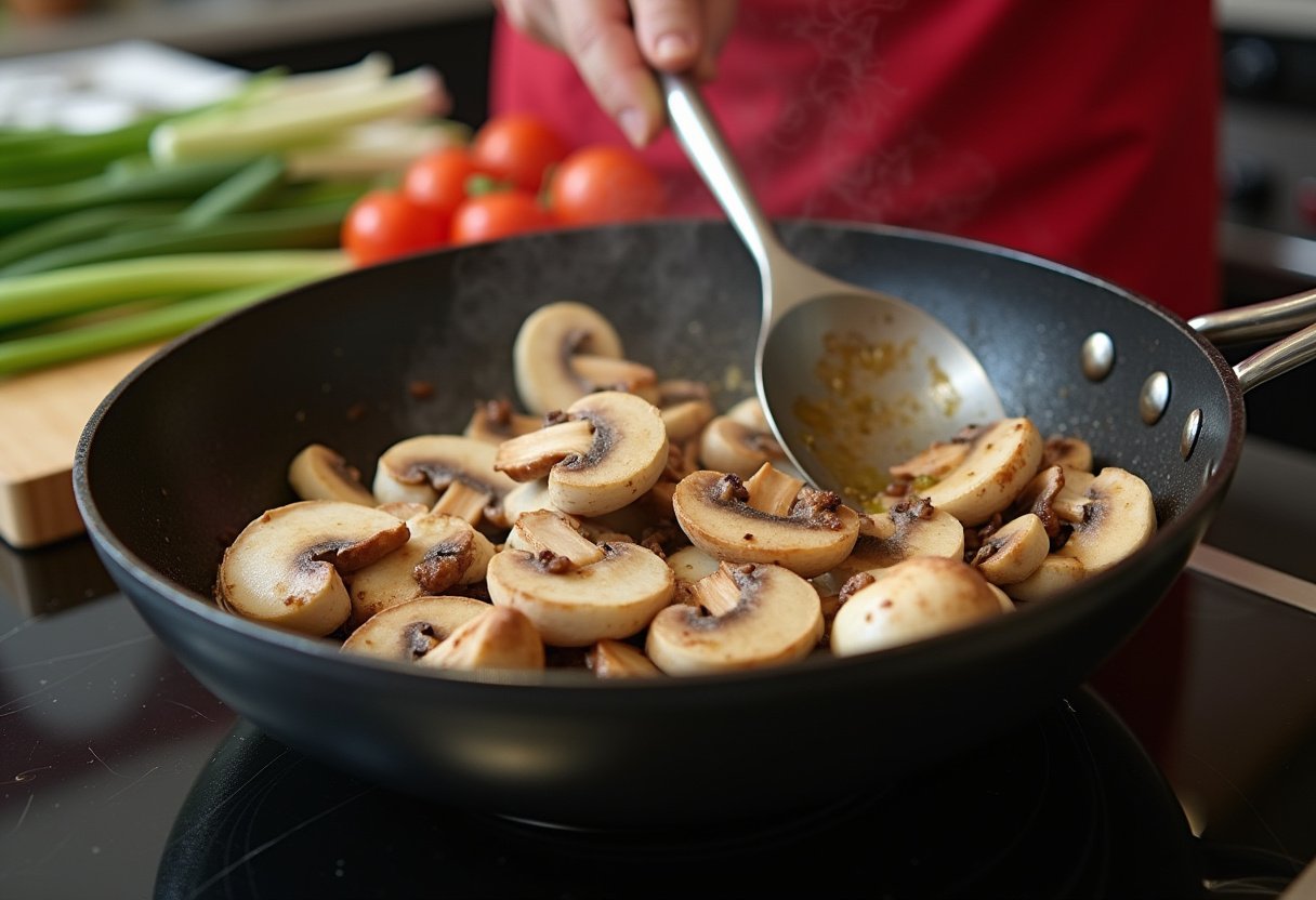Sautéing mushrooms for Black Pepper Chicken with Mushrooms in a skillet, with chopped vegetables prepared for a flavorful stir-fry.