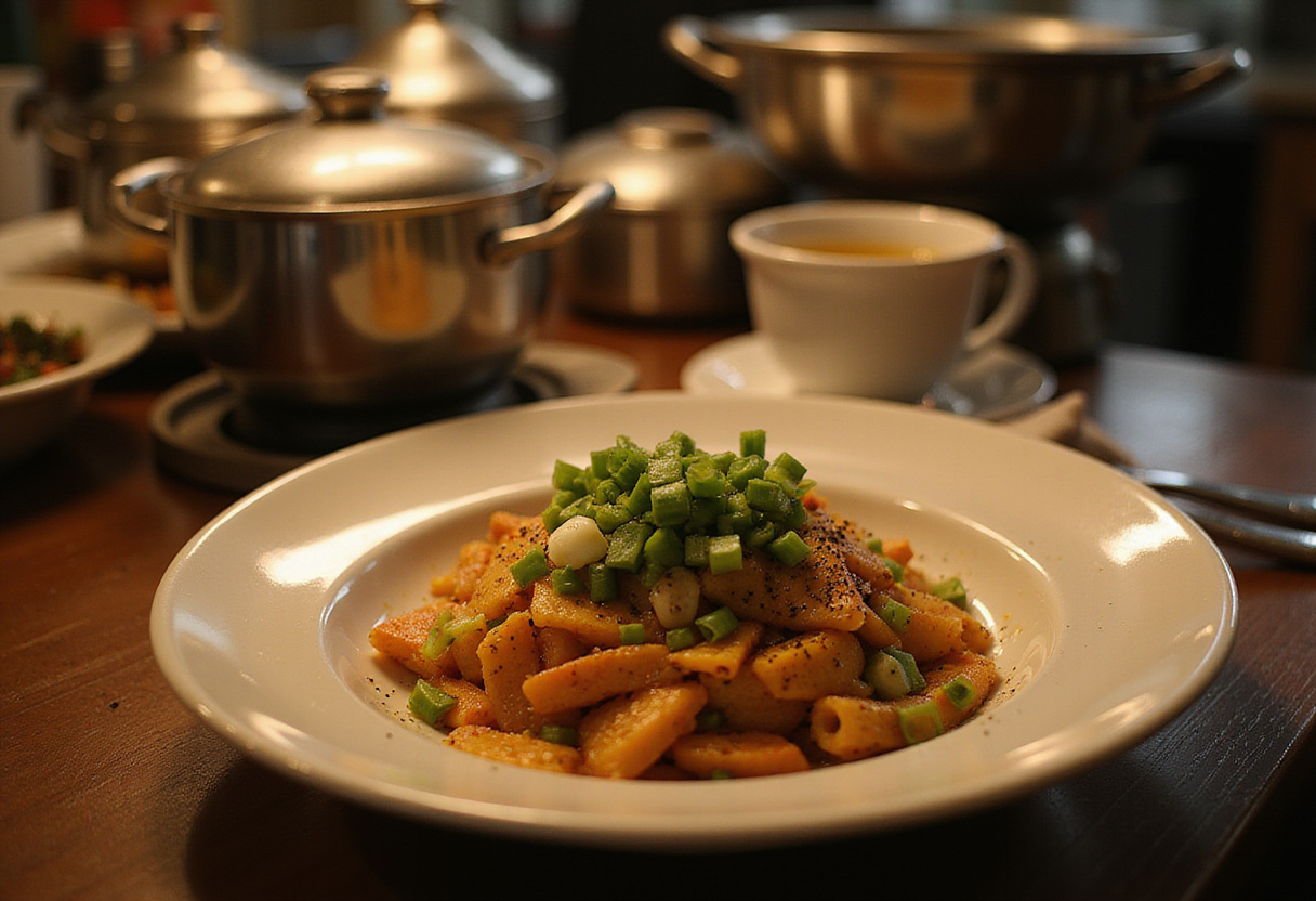 Plating Black Pepper Chicken with Mushrooms garnished with green onions and black pepper in a comforting and dynamic kitchen scene.