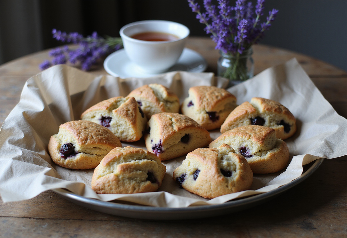 Golden-brown Blackberry Lavender White-Chocolate Scones displayed on a rustic wooden table with tea and fresh lavender.
