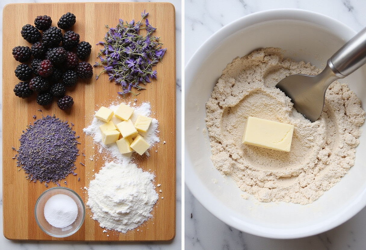 Fresh blackberries, dried lavender, and white chocolate chunks on a wooden cutting board for Blackberry Lavender White-Chocolate Scones preparation.