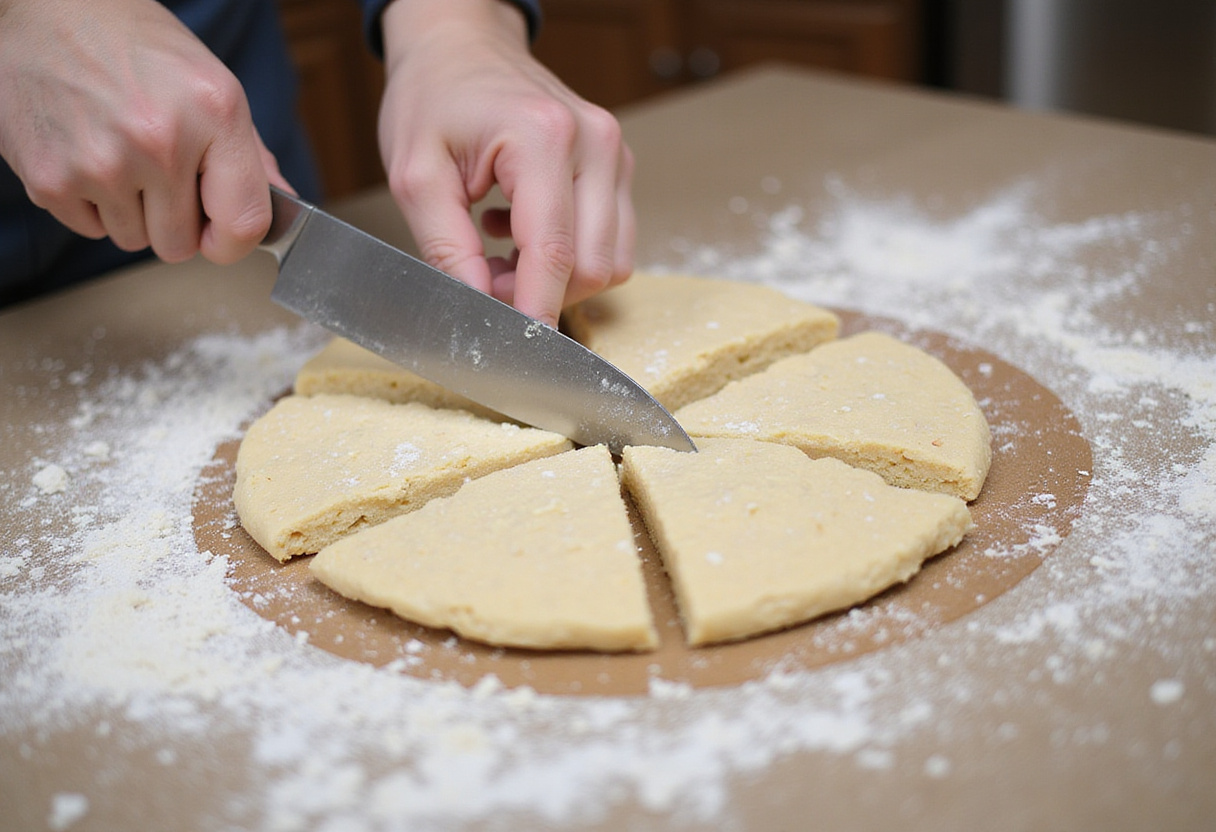 Shaping scone dough into triangles on a floured countertop for Blackberry Lavender White-Chocolate Scones.