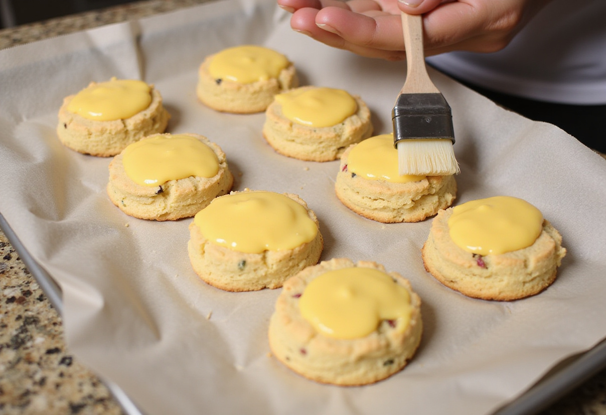 Scones arranged on a baking sheet and brushed with egg wash, preparing for baking Blackberry Lavender White-Chocolate Scones.