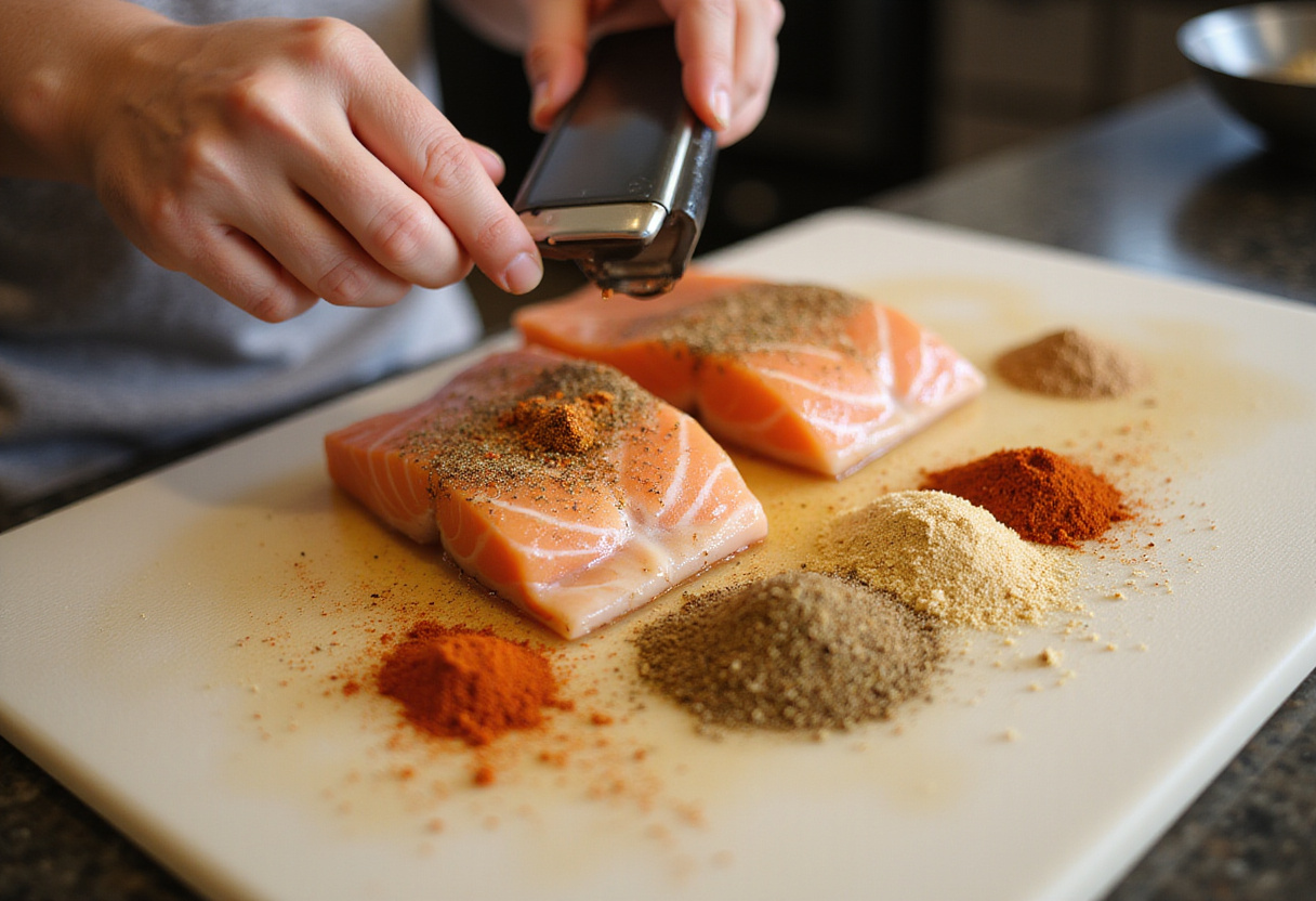 Blackened fish seasoning process for flavorful fish taco bowls, showcasing spices like paprika and cumin.