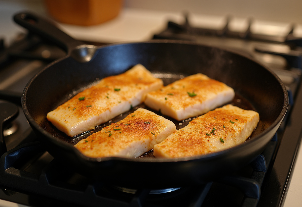 Cooking blackened fish in a skillet for taco bowls, capturing the vibrant colors and texture of the fish.