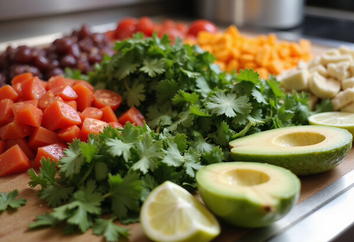 Fresh taco toppings preparation for blackened fish bowls, featuring tomatoes, cilantro, and avocados for vibrant, bold flavors.