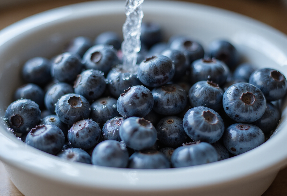 Fresh blueberries being washed for Blueberry Boyfriend Bait, showcasing vibrant colors and freshness.