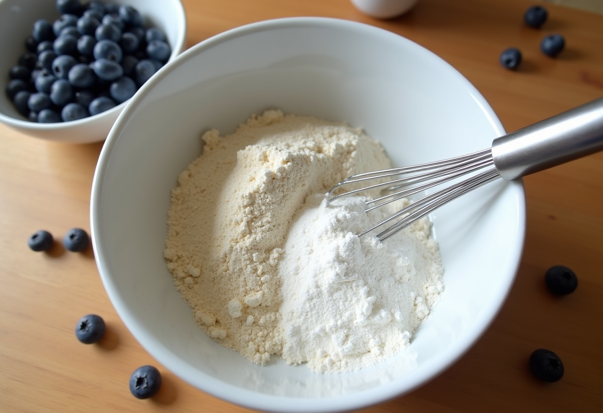 Ingredients for Blueberry Boyfriend Bait, including flour and sugar, set up in a cozy kitchen environment.