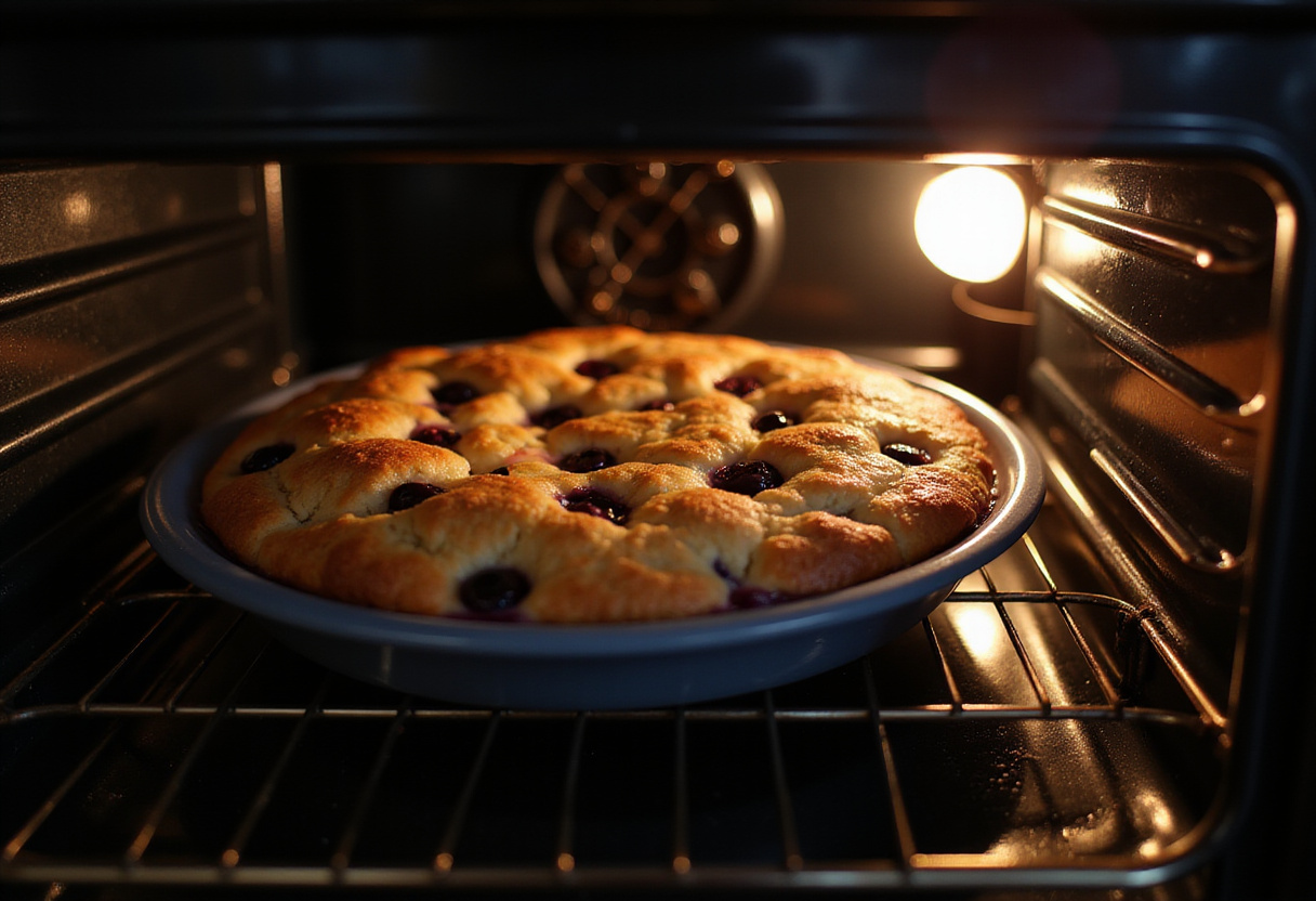 Baking Blueberry Boyfriend Bait in the oven, creating anticipation for the final treat.