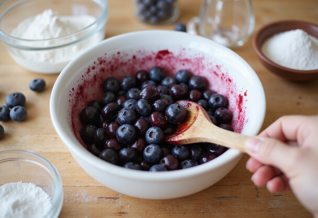 Fresh blueberries being prepared for a homemade blueberry breakfast bake, showcasing the vibrant color and healthy ingredients used in the dish.