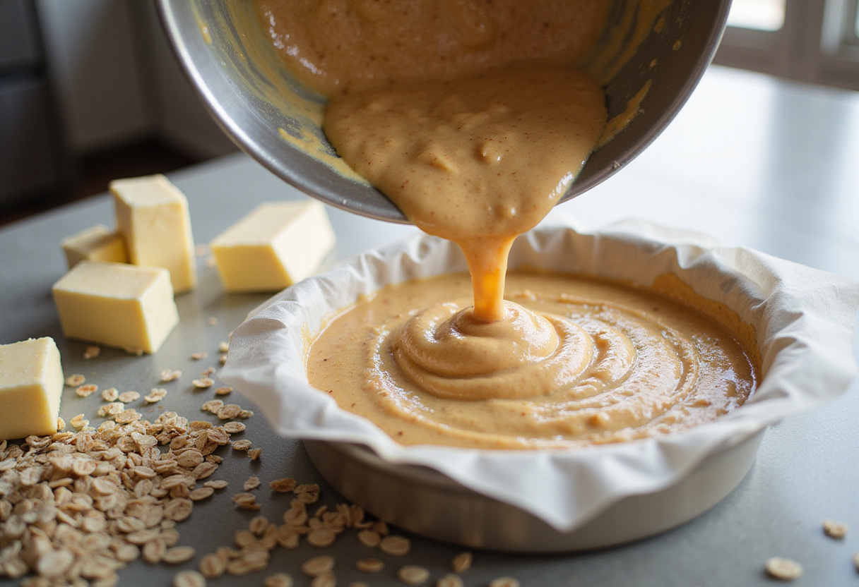 Pouring a creamy batter into a dish for blueberry breakfast bake, highlighting the combination of oats and spices for delicious flavor.