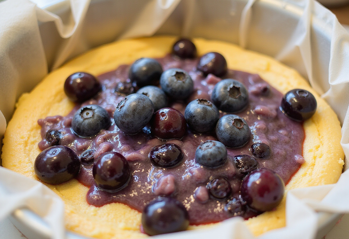 Distributing blueberries on top of the batter in a baking dish, creating a beautiful blueberry breakfast bake ready for the oven.