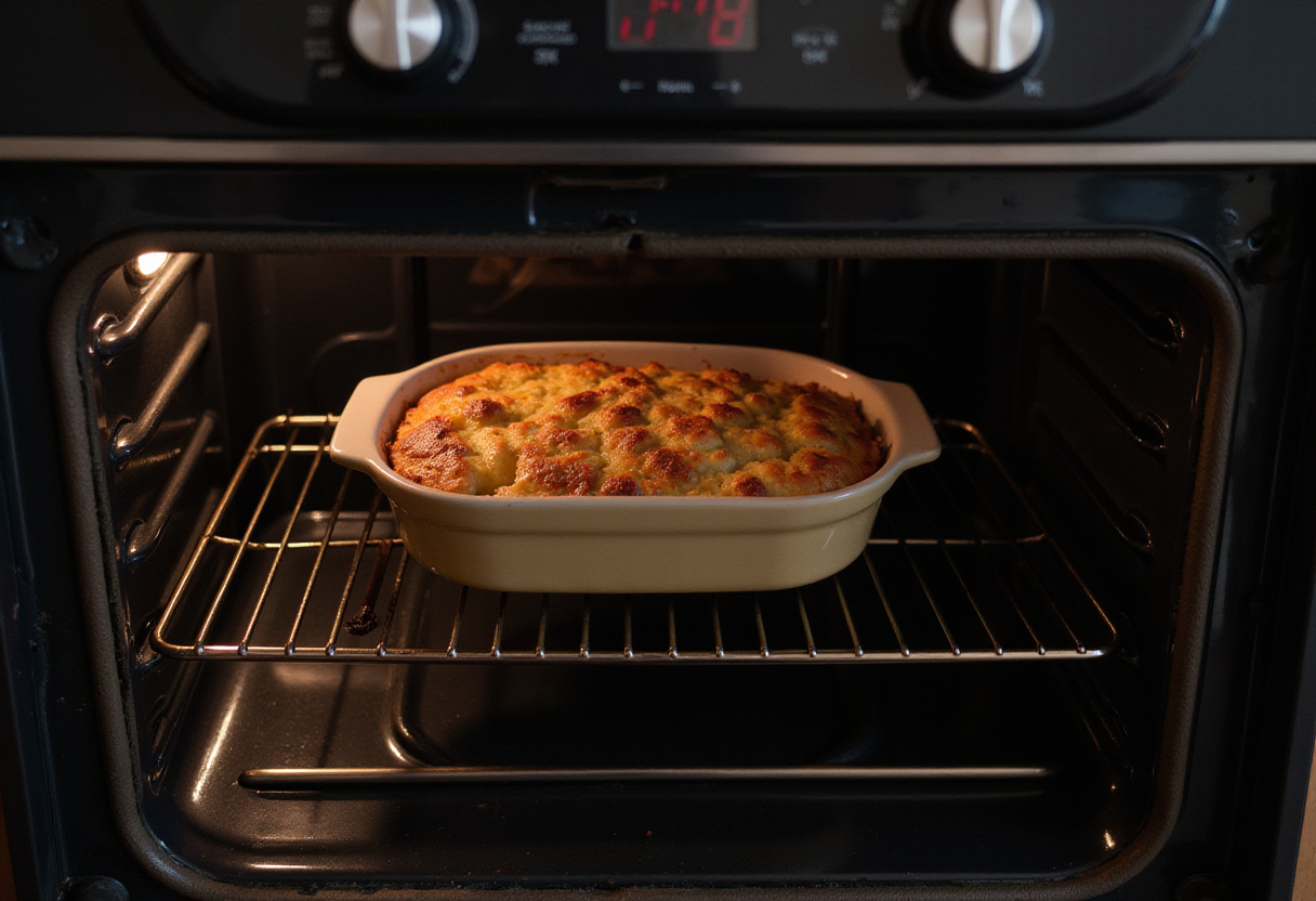 Golden-brown blueberry breakfast bake baking in the oven, filling the kitchen with wonderful aromas and anticipation.
