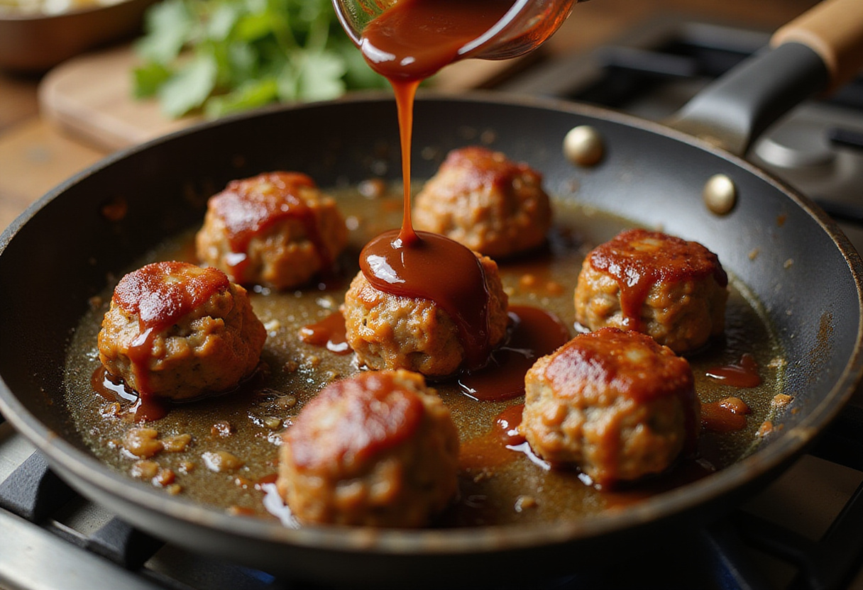 Bourbon BBQ Bacon Cheeseburger Meatball Subs - cooking meatballs in a skillet with barbecue flavoring.