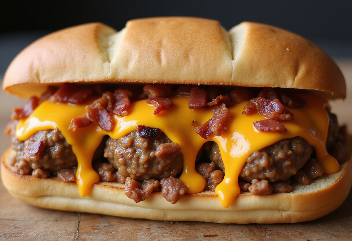 Bourbon BBQ Bacon Cheeseburger Meatball Subs - assembling subs with meatballs, cheese, and bacon toppings.