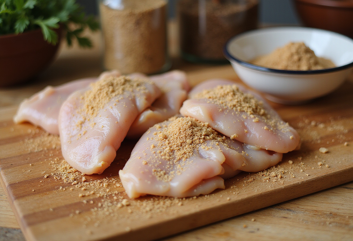 Brown Sugar Pineapple Chicken seasoning, fresh chicken thighs, rustic kitchen herbs and spices.