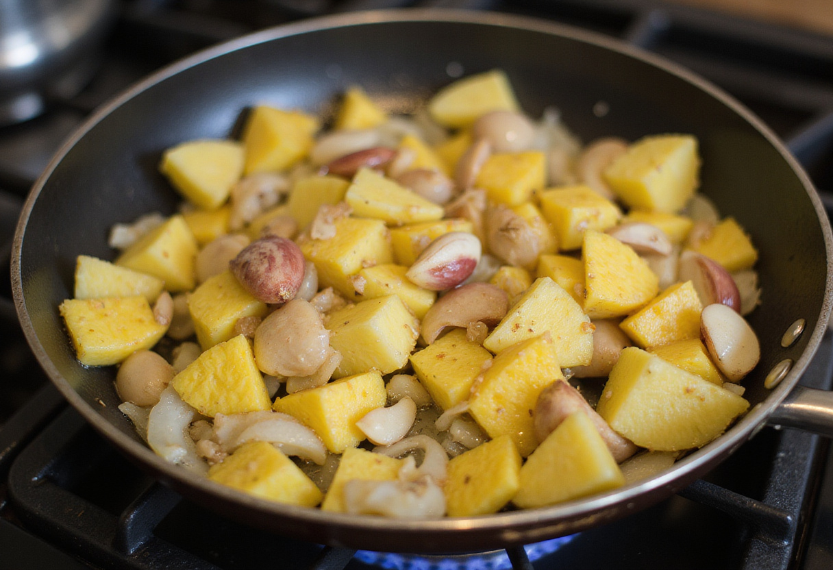 Pineapple and onion sizzling in a skillet, fresh ginger and garlic, vibrant colors of Brown Sugar Pineapple Chicken prep.