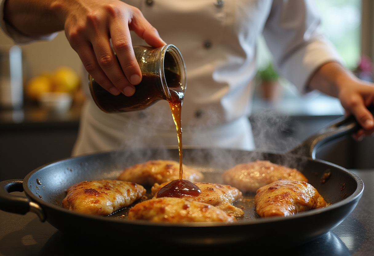 Pouring brown sugar marinade over chicken, cooking process for Brown Sugar Pineapple Chicken in a vibrant kitchen.